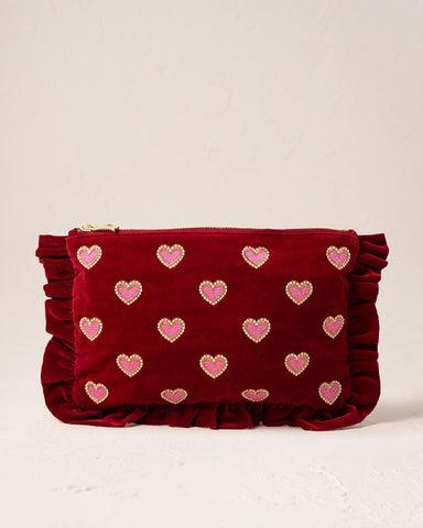 Love Hearts Velvet Frill Pouch - Rouge