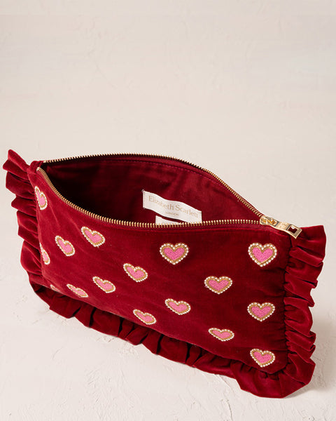 Love Hearts Velvet Frill Pouch - Rouge