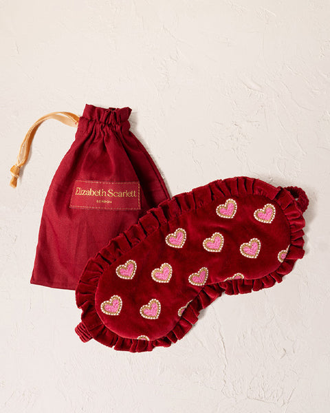 Love Hearts Velvet Frill Eye Mask - Rouge