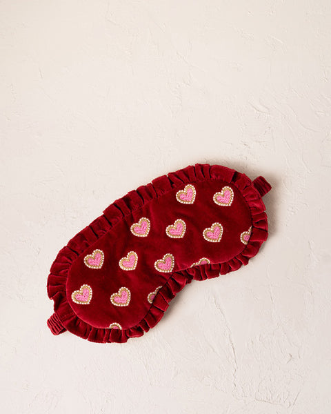 Love Hearts Velvet Frill Eye Mask - Rouge