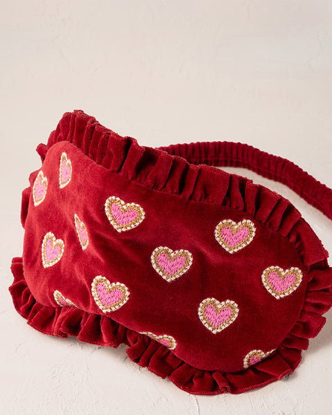 Love Hearts Velvet Frill Eye Mask - Rouge