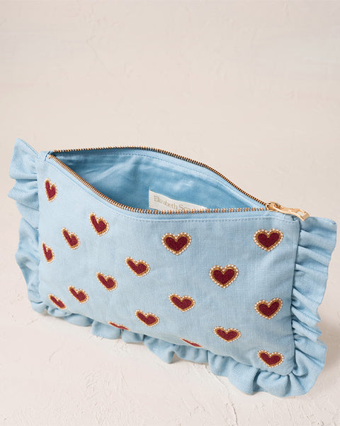 Love Hearts Cotton Frill Pouch - French Blue