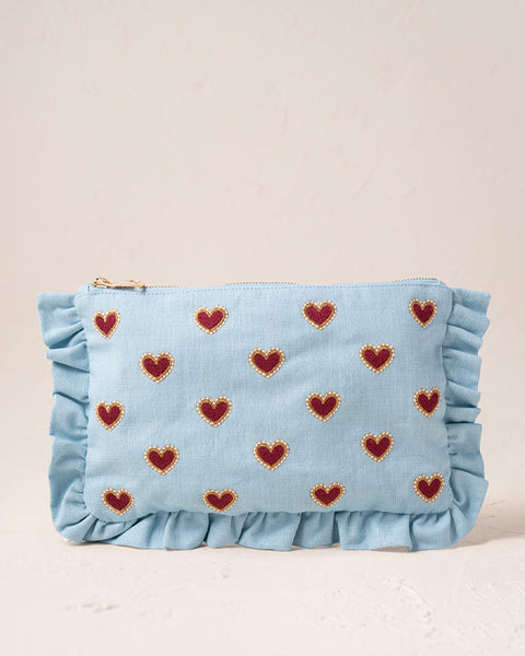 Love Hearts Cotton Frill Pouch - French Blue