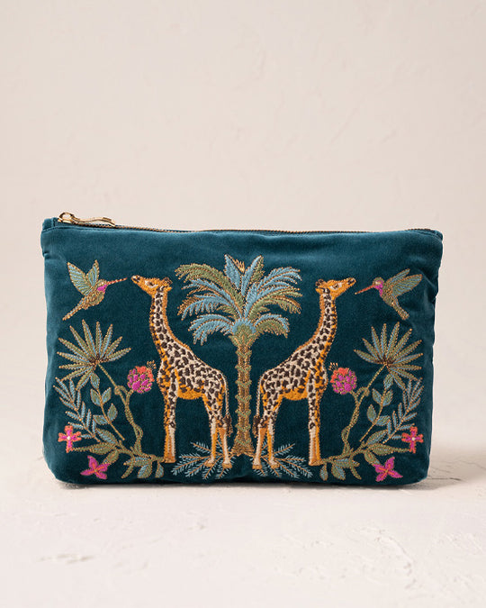 Wild Giraffe Palm Rich Blue Velvet Everyday Pouch