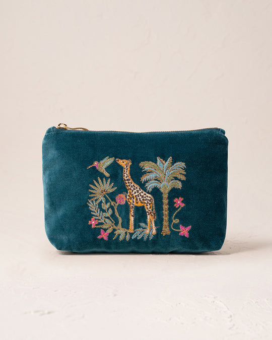 Wild Giraffe Palm Rich Blue Velvet Mini Pouch