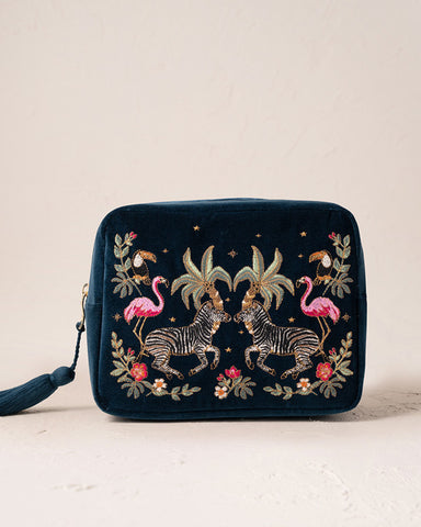 Wild Zebra Palm Navy Velvet Wash Bag