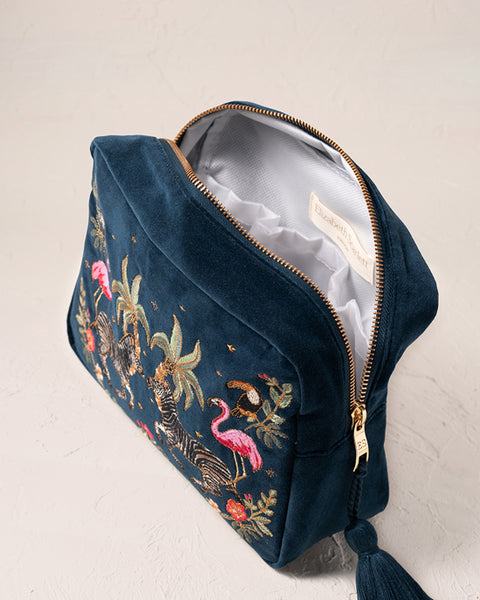 Wild Zebra Palm Navy Velvet Wash Bag