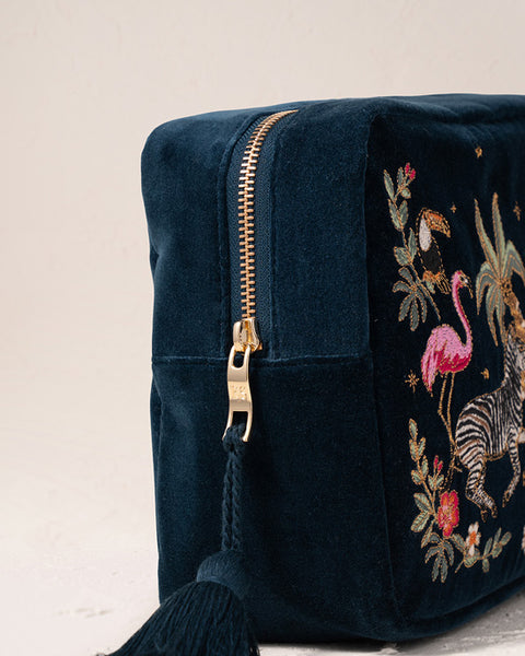 Wild Zebra Palm Navy Velvet Wash Bag