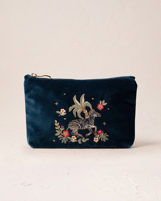 Wild Zebra Palm Navy Velvet Mini Pouch