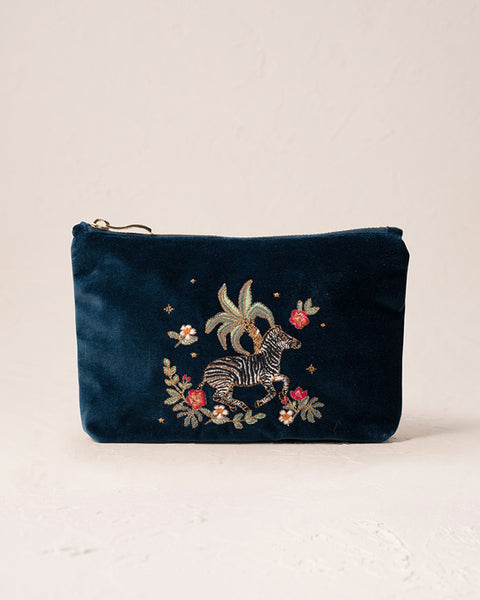 Wild Zebra Palm Navy Velvet Mini Pouch