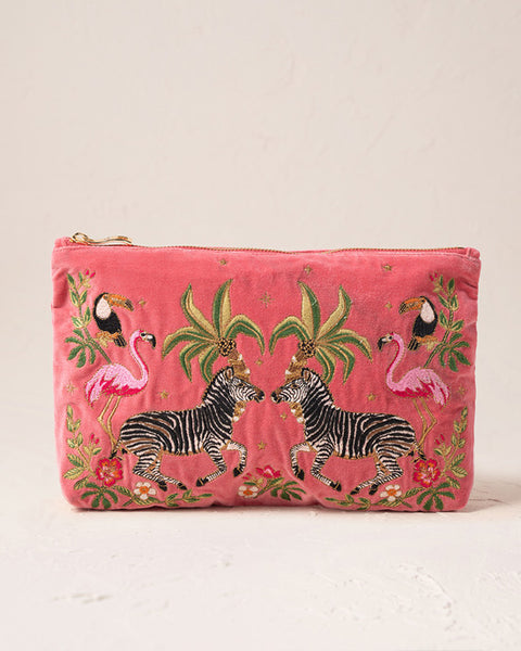 Wild Zebra Palm Blush Pink Velvet Everyday Pouch