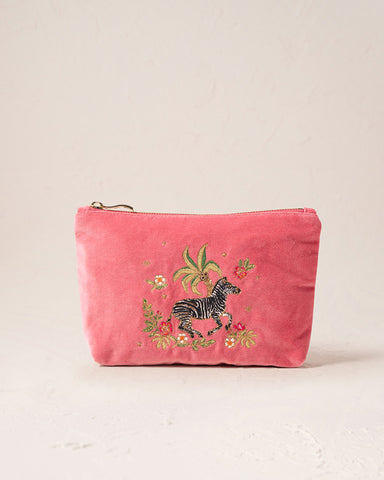 Wild Zebra Palm Blush Pink Velvet Mini Pouch