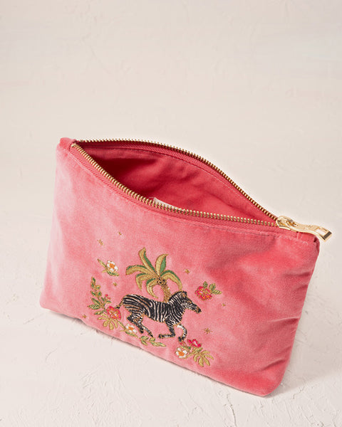 Wild Zebra Palm Blush Pink Velvet Mini Pouch