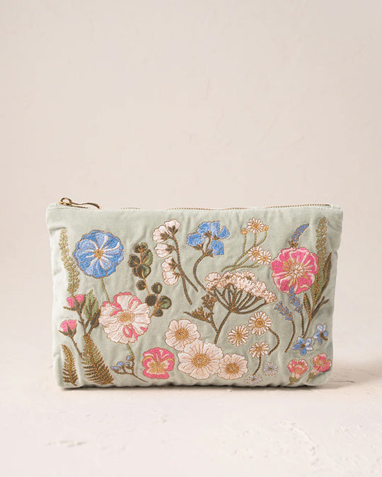 Pressed Flowers Sage Velvet Everyday Pouch