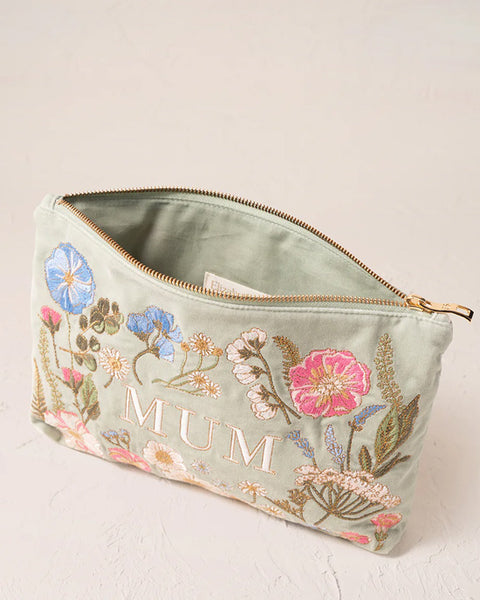 Pressed Flowers Mum Velvet Everyday Pouch Sage - shopatstocks