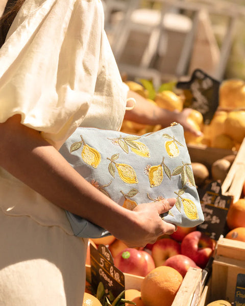 Lemon Blossom French Blue Cotton Everyday Pouch