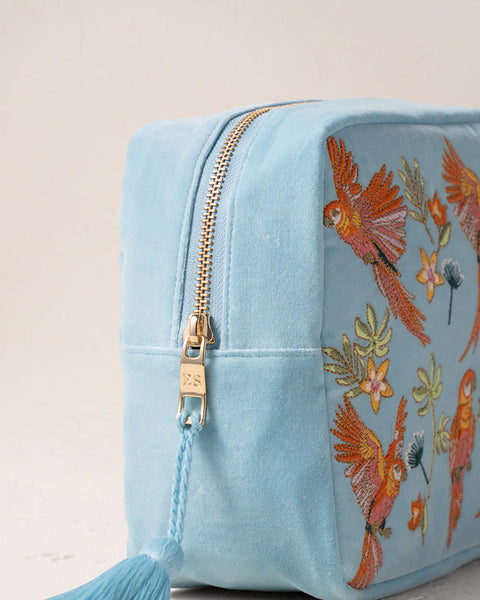 Flying Parrots Velvet Wash Bag French Blue