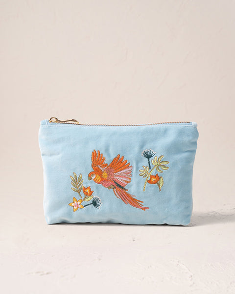 Flying Parrots French Blue Velvet Mini Pouch