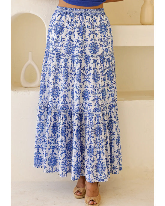 Becks Organic Cotton Block Print Skirt White/Cobalt - shopatstocks