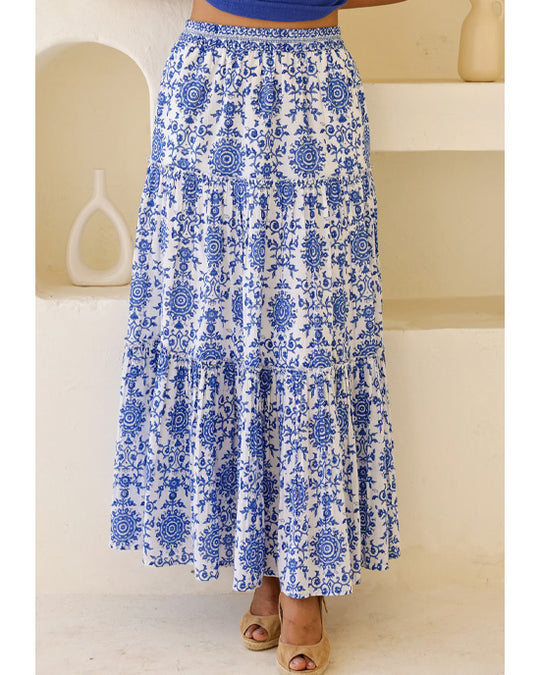 Becks Organic Cotton Block Print Skirt White/Cobalt