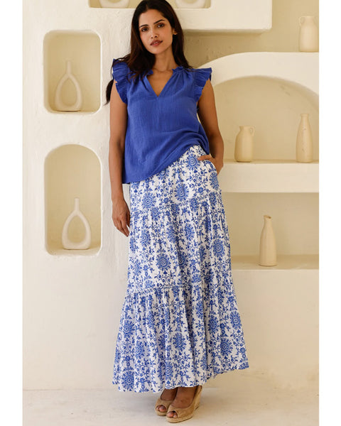 Becks Organic Cotton Block Print Skirt White/Cobalt - shopatstocks