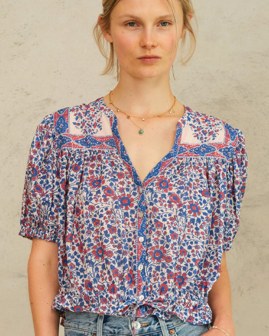 Della Print Short Sleeve Top Blue/Pink