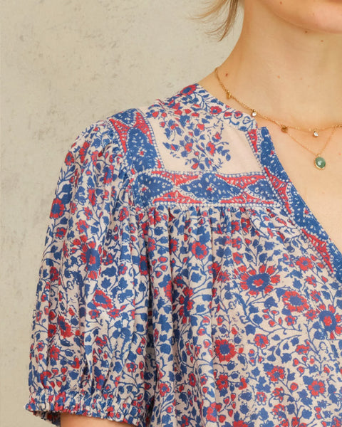 Della Print Short Sleeve Top Blue/Pink - shopatstocks