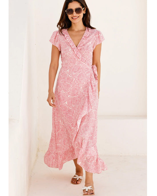 Demi EcoVero Wrap Dress White/Pink - shopatstocks