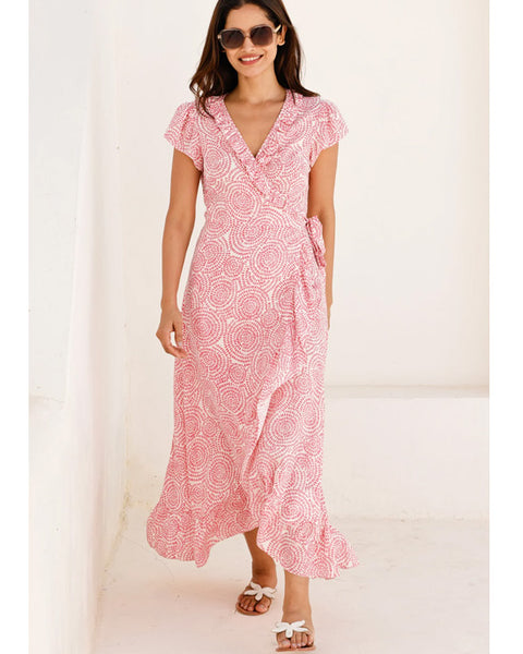 Demi EcoVero Wrap Dress White/Pink - shopatstocks