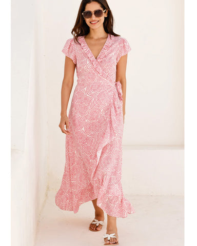 Demi EcoVero Wrap Dress White/Pink - shopatstocks