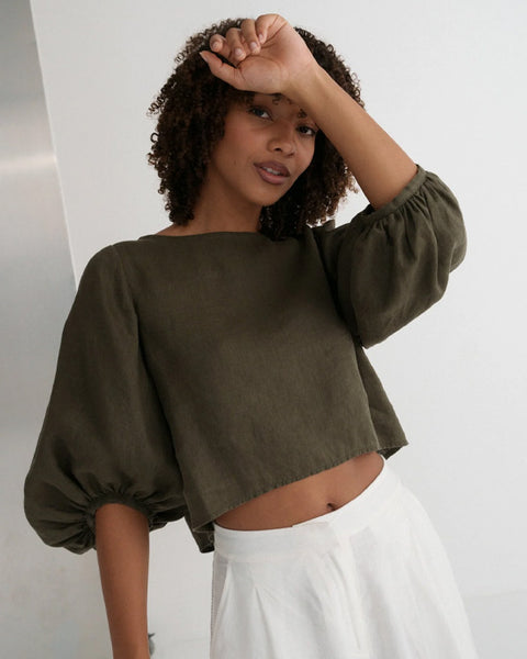 Demi Linen Top Khaki