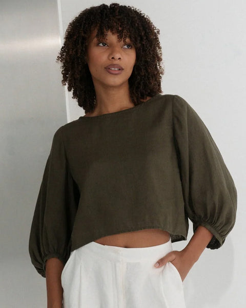 Demi Linen Top Khaki