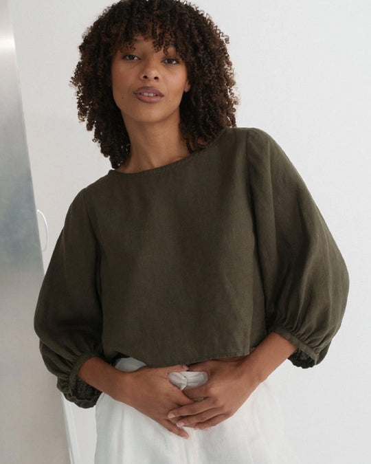 Demi Linen Top Khaki