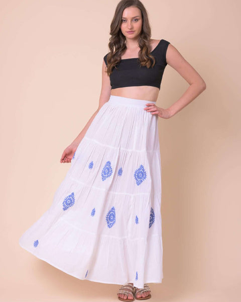 Hugo Skirt White w Blue Embroidery