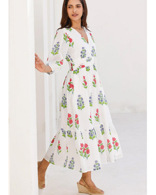 Jyoti Dress Bud Print White