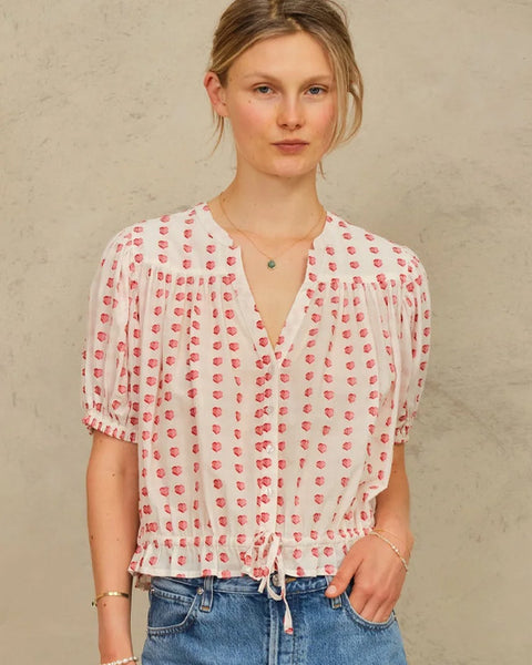 Karla Gathered Cotton Top Ecru/Red - shopatstocks