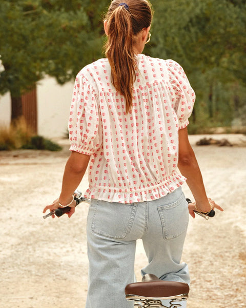 Karla Gathered Cotton Top Ecru/Red - shopatstocks