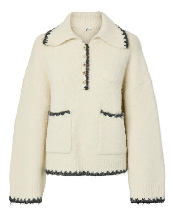 Milja Half Placket Knit Birch Melange/Asphalt
