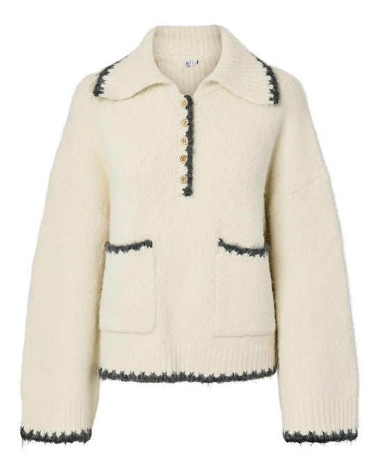 Milja Half Placket Knit Birch Melange/Asphalt