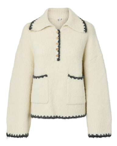 Milja Half Placket Knit Birch Melange/Asphalt