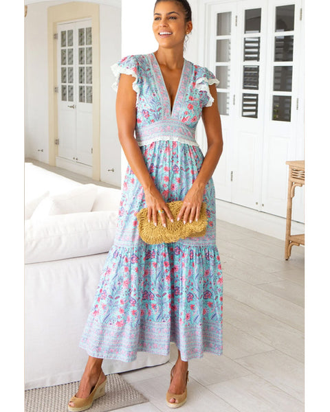 Pippa Dress Gardenia Blue/Red