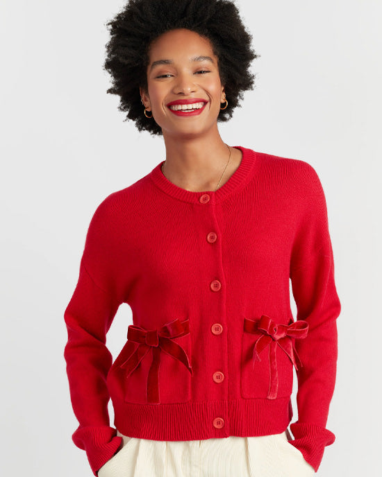 Velvet Bow Cardigan Red