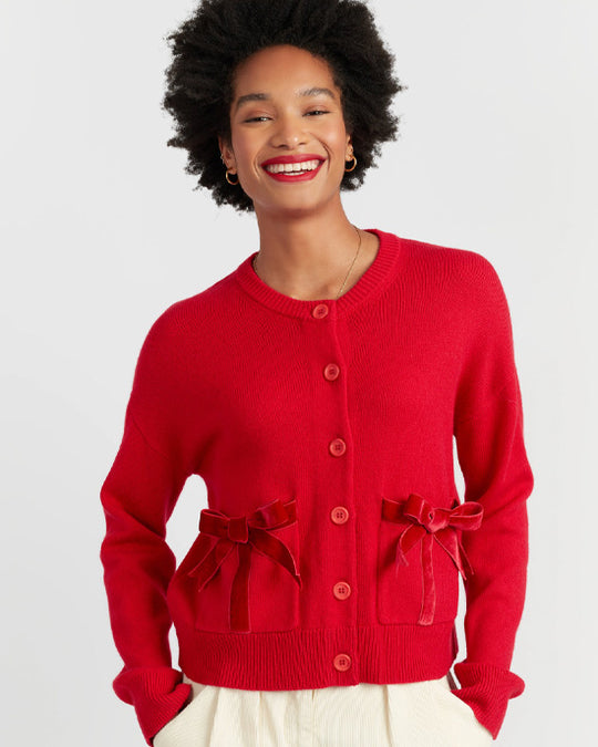 Velvet Bow Cardigan Red