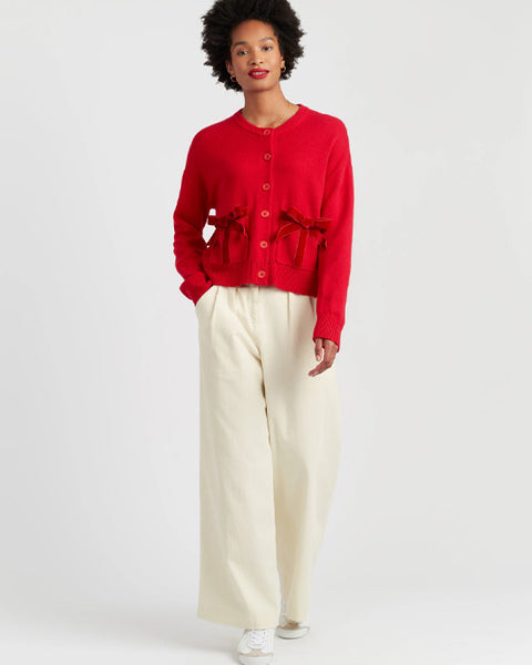 Velvet Bow Cardigan Red