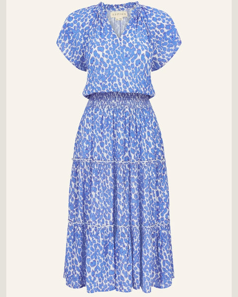 Riley Viscose Crinkle Dress Ikat Animal White/Blue - shopatstocks