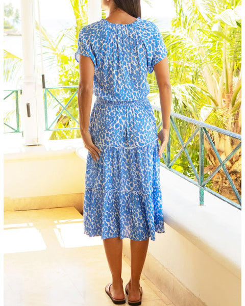 Riley Viscose Crinkle Dress Ikat Animal White/Blue - shopatstocks