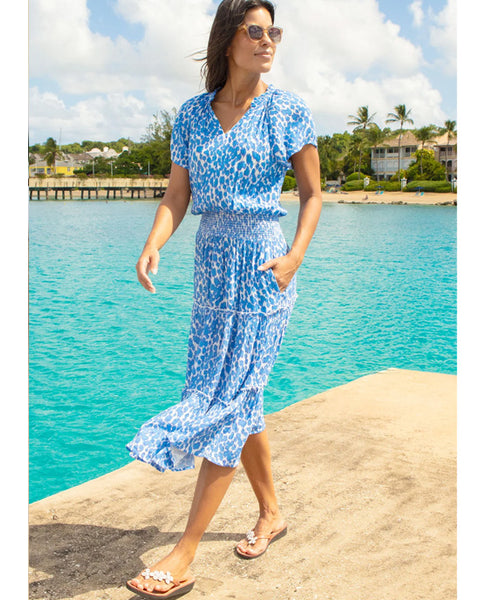 Riley Viscose Crinkle Dress Ikat Animal White/Blue - shopatstocks