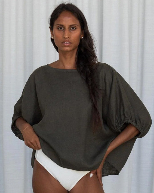 Tina Linen Top Khaki