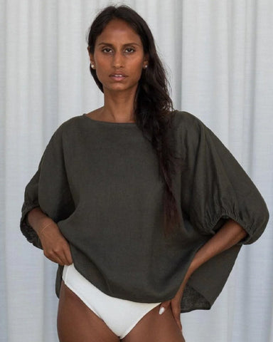 Tina Linen Top Khaki