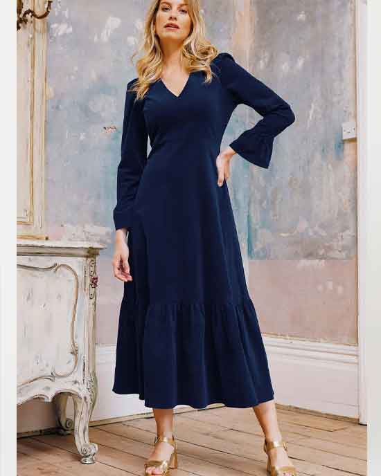 Victoria V-Neck Corduroy Dress Atlantic Blue shopatstocks Victoria V-Neck Corduroy Dress Atlantic Blue shopatstocks